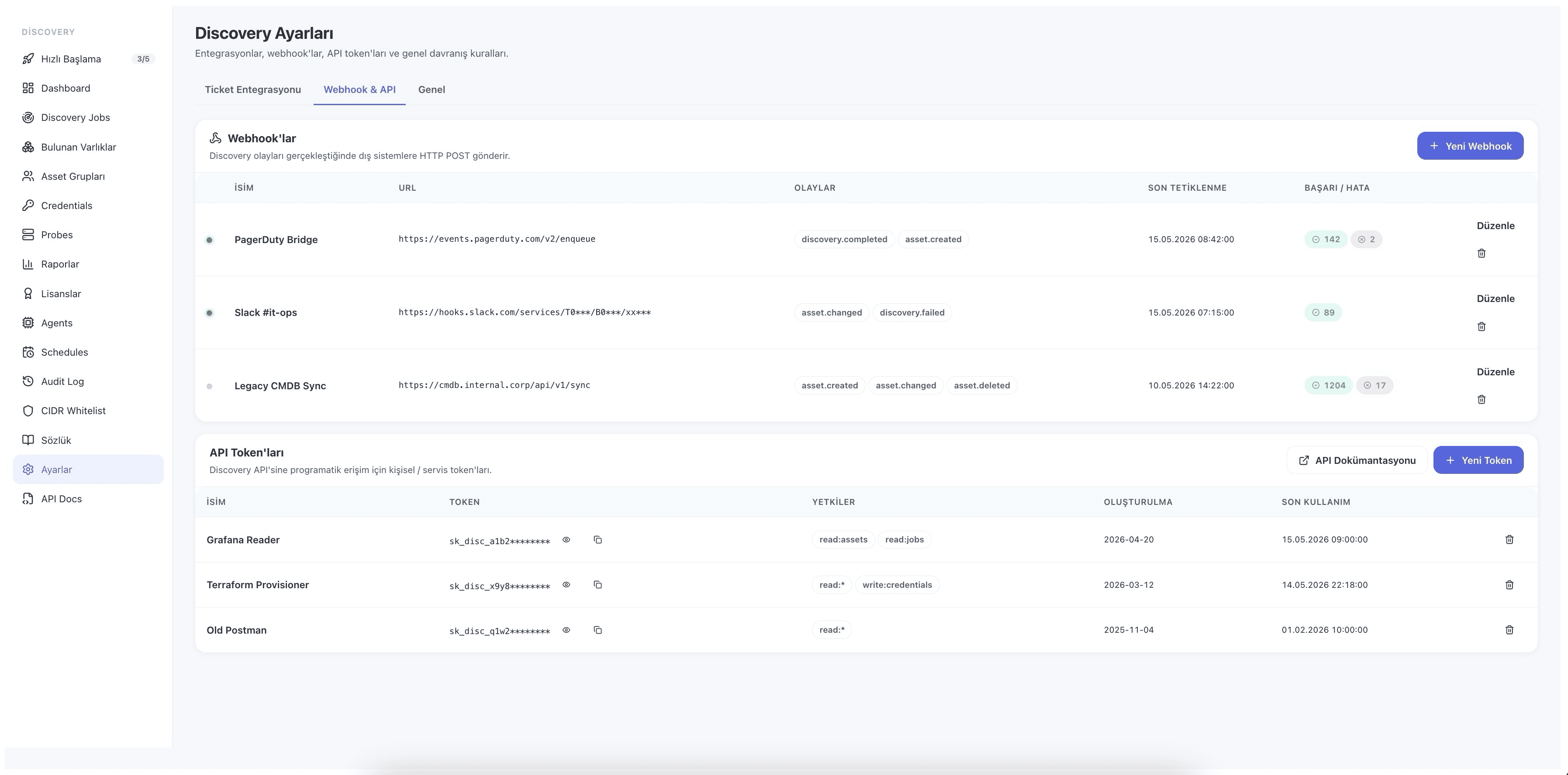 Açık API ve Webhook — entegrasyon ekranı