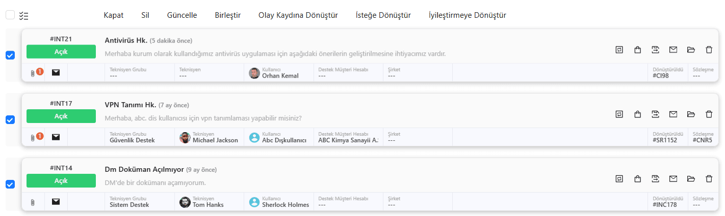 Toplu işlem menüsü ve içerik yönetimi